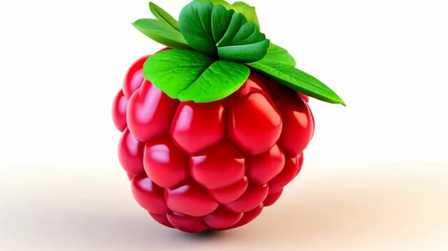 A single, ripe raspberry with a green leaf sits on a white background