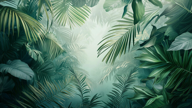 A lush scene with various tropical leaves creating a dense, vibrant green jungle atmosphere.