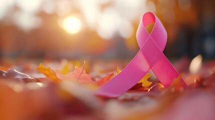 pink ribbon symbol of breast cancer awareness among autumn leaves