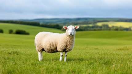 Naklejka premium A sheep stands prominently in a vibrant green field on a farm surrounded by rolling hills and a cloudy sky above showcasing the serene pastoral landscape