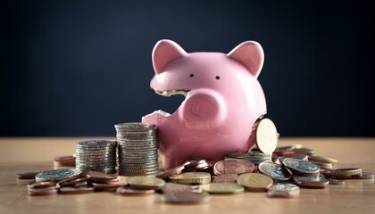 Broken piggy bank full of coins cash money on the table