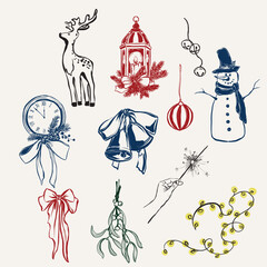 Vector set of Christmas decor with lantern, bell, deer, snowman and table clock. Hand-drawn vintage compositions isolated on beige background. Illustration for design, print, fabric or background.