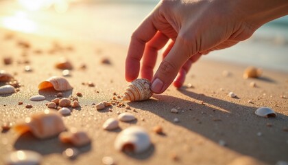 Hand picking up a seashell on a sandy beach at sunset