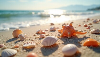 Fototapeta premium Seashells scattered on sandy beach with ocean in background