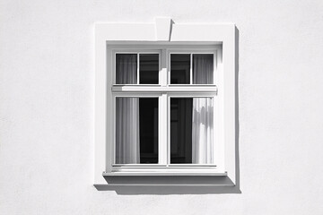 Fototapeta premium A single white-framed window on a smooth white wall casting a geometric shadow in bright sunlight 
