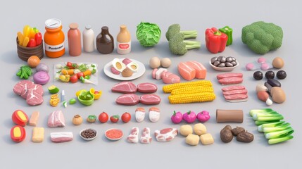 3D cartoon food set featuring vegetables, meats, and other ingredients for grocery themes. 