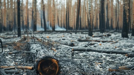 Charred forest floor with scorched trees and ashes in a burnt woodland scene