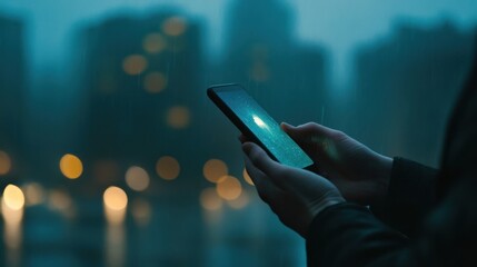 Hands using a smartphone in a dimly lit environment with blurred lights in the background