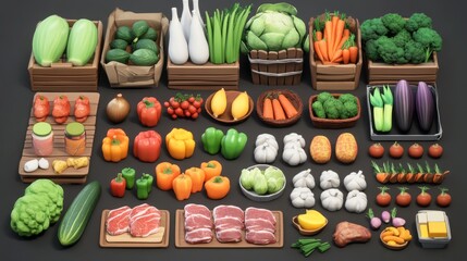 3D cartoon food set featuring vegetables, meats, and other ingredients for grocery themes. 