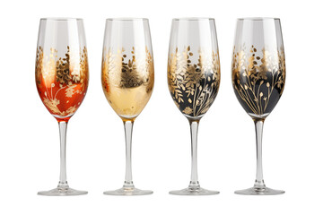 Elegant set of decorative champagne glasses featuring floral designs on a gray background, perfect for celebrations and special occasions.