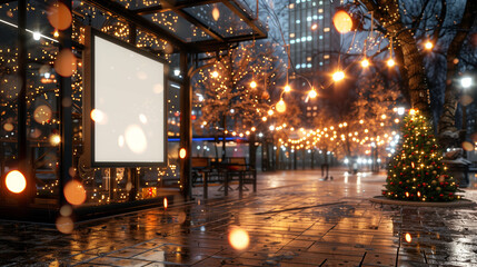 In einer festlich geschm&uuml;ckten und beleuchteten Fu&szlig;g&auml;ngerzone h&auml;ngt ein leeres, gro&szlig;es Schild in einem Unterstand, Querformat, Nachtaufnahme