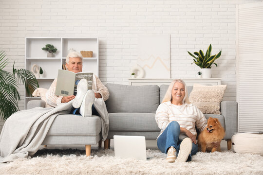 Happy senior couple with cute Pomeranian dog at home