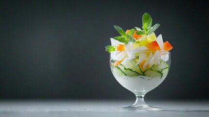   A crystal vase holding cucumber, carrot, celery, and mint sits atop the table