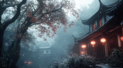 Fototapeta premium A tranquil winter scene features a misty landscape with vibrant red leaves, traditional architecture, and glowing lanterns illuminating a path, Ideal for travel, cultural themes, or seasonal projects