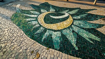 A close-up of a beautiful mosaic design on the pavement featuring a sun-like shape with green and yellow tiles.