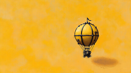 Obraz premium A depiction of a sunlit hot air balloon with avian occupant atop, set against a backdrop of golden hues