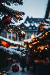 Geschm&uuml;ckte, schneebedeckte Tannenzweigen vor einer festlich beleuchteten Holzh&uuml;tte auf einem Weihanchtsmarkt, Hochformat