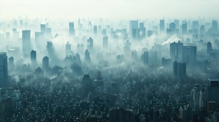 Bustling cityscape with dense skyline in misty atmosphere