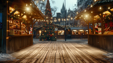 Fototapeta premium Zwei Weihnachtsmarkthütten stehen sich gegenüber, dazwischen ist Holzboden, isolierte Freifläche, LED-Beleuchtung, Querformat