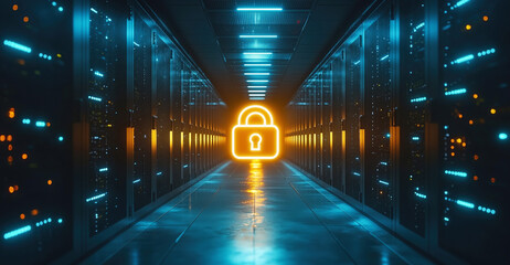 Glowing padlock icon is hovering in server room corridor representing data protection, cybersecurity and network security