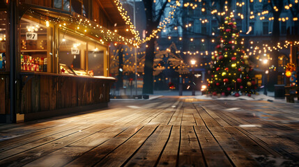 Eine beleuchtete H&uuml;tte auf dem Weihnachtsmarkt in Froschperspektive, Lichterkette quer dar&uuml;bergespannt, isolierte Freifl&auml;che, Querformat