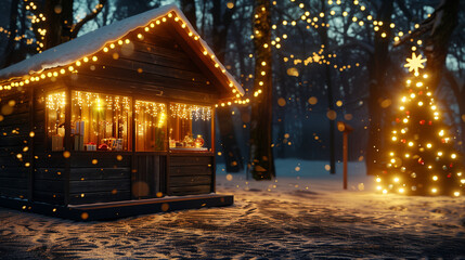 Eine hell erleuchtete Weihnachtsmarkth&uuml;tte mit einem geschm&uuml;ckten Tannenbaum, Nachtaufnahme mit Schnee, Querformat