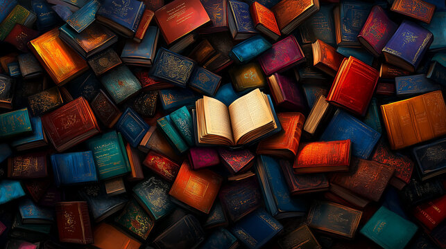 Ein aufgeschlagenes Buch liegt auf einem Haufen bunter, in Leder gebundener B&uuml;cher, Zeichnung, Illustration, Querformat