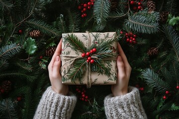 Top view a beautifully wrapped gift held by a woman, surrounded by natural decorations like pine branches and berries.
