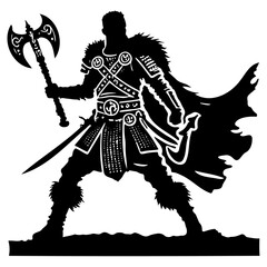 Viking Ready for Battle
A detailed vector silhouette of a Viking warrior, holding an axe, clad in armor, and ready for battle, with a determined stance