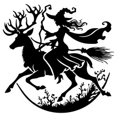 Witch Rides a Stag
A magical scene of a witch riding a stag, with flowing garments and a broom, captured in a dramatic vector silhouette.