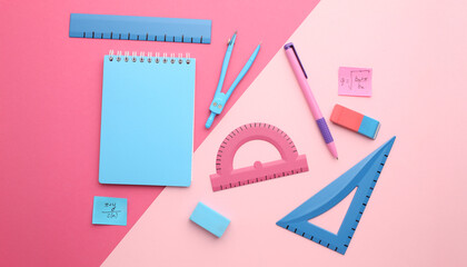 Stationery calculator ruler calculator and school cheat sheets on coloured background. Concept of...