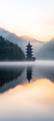 Fototapeta premium A serene landscape featuring a traditional pagoda reflecting in a calm lake, shrouded in morning mist, Ideal for travel guides, meditation materials, or cultural presentations,
