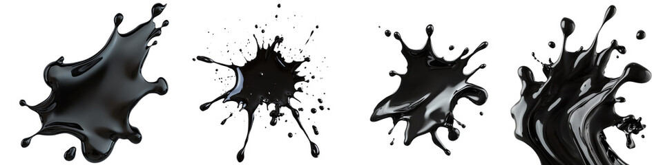 Detailed black ink splat set collection on transparent cutout background, PNG file. Mockup clipart template