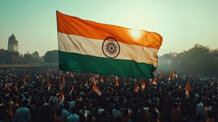 A large crowd of people gather to watch the Indian flag being raised. The sun shines brightly in the background.