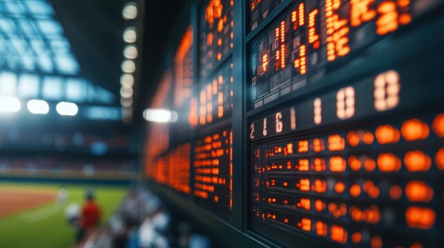A close-up of a digital scoreboard at a baseball stadium with blurry players and spectators in the background.