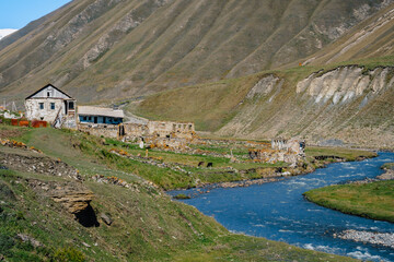 Fototapeta premium The almost abandoned village of Ketrisi in the Truso Gorge located in the Kazbegi mountains region of Georgia