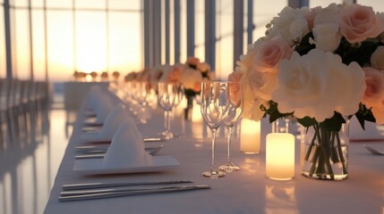 elegant table setting with flowers and candles at sunset