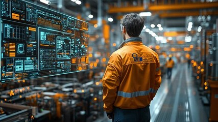 A worker observes digital data displays in a modern manufacturing facility during the day - Powered by Adobe