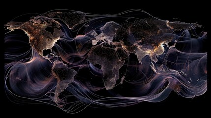 Global connectivity network on a world map with dynamic curved lines