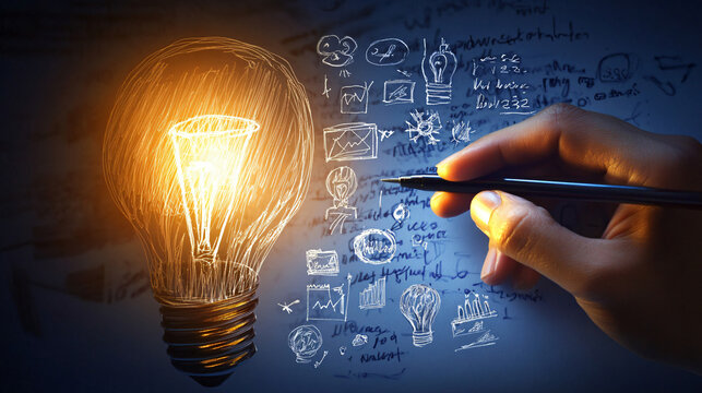 A close-up of a hand writing down unique ideas and goals for a business innovation strategy.