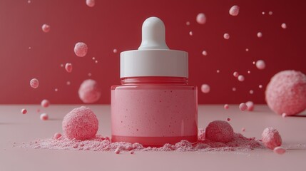 Luxurious pink dropper bottle surrounded by pearls and glitter evoking beauty skincare innovation and femininity in a glamorous setting with soft radiant lighting