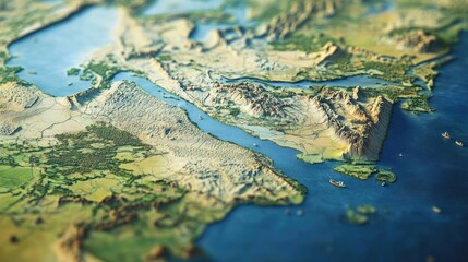 Fototapeta premium A detailed aerial view of a vast landmass with a winding waterway snaking through the landscape, surrounded by a deep blue sea.