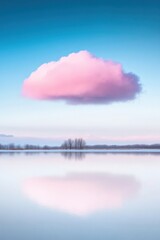 Fototapeta premium Serene landscape with a vibrant pink cloud reflected in a calm lake