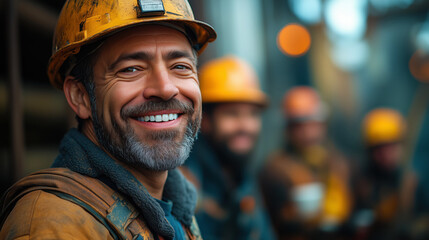 Smiling worker wearing hardhat posing with coworkers in factory