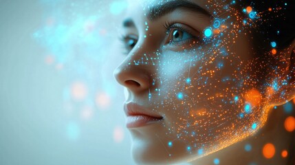 Futuristic Woman with Digital Interface Overlay in Profile View. The image conveys innovation, future, and virtual reality concepts.