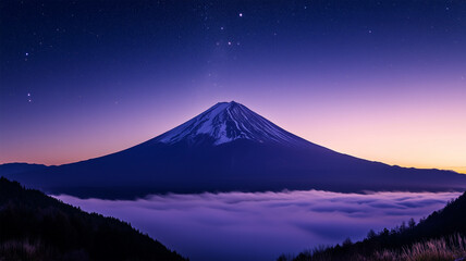 朝日が差し込む富士山と星空