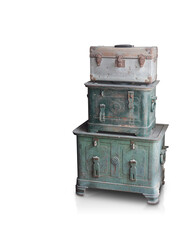 antique old brown and silver zinc chest on two green steel chest on white background, object, decor, fashion, ancient, copy space