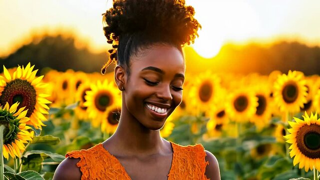 Young Black woman smiles amidst vibrant sunflowers, glowing with the evening sun. Her joy and orange attire complement the golden hues of nature, conveying warmth and happiness.