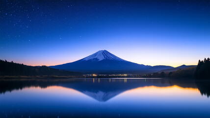 朝日が差し込む富士山と星空