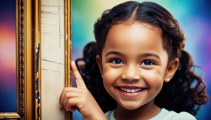"Cheerful Young Girl Pointing with a Big Smile in a Vibrant Dreamy Scene"